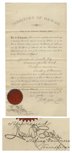 Hawaiian Document From 1901 Signed by Henry Cooper as Acting Governor of the Territory of Hawaii